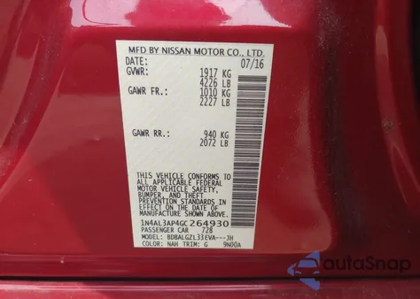 2016 Nissan Altima 2.5 S from USA, damaged, VIN 1N4AL3AP4GC264930